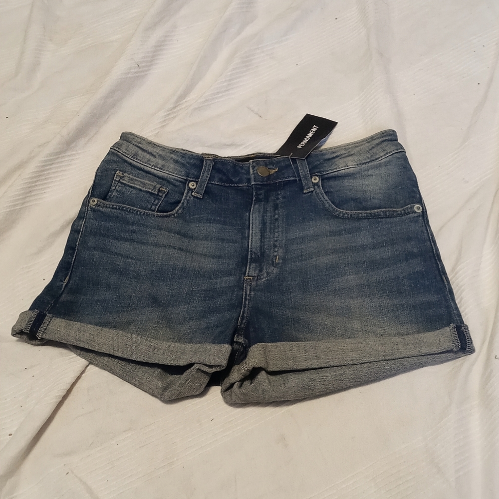 nwt permanent jean shorts juniors womens 7 high-rise roll-cuff stretchy denim